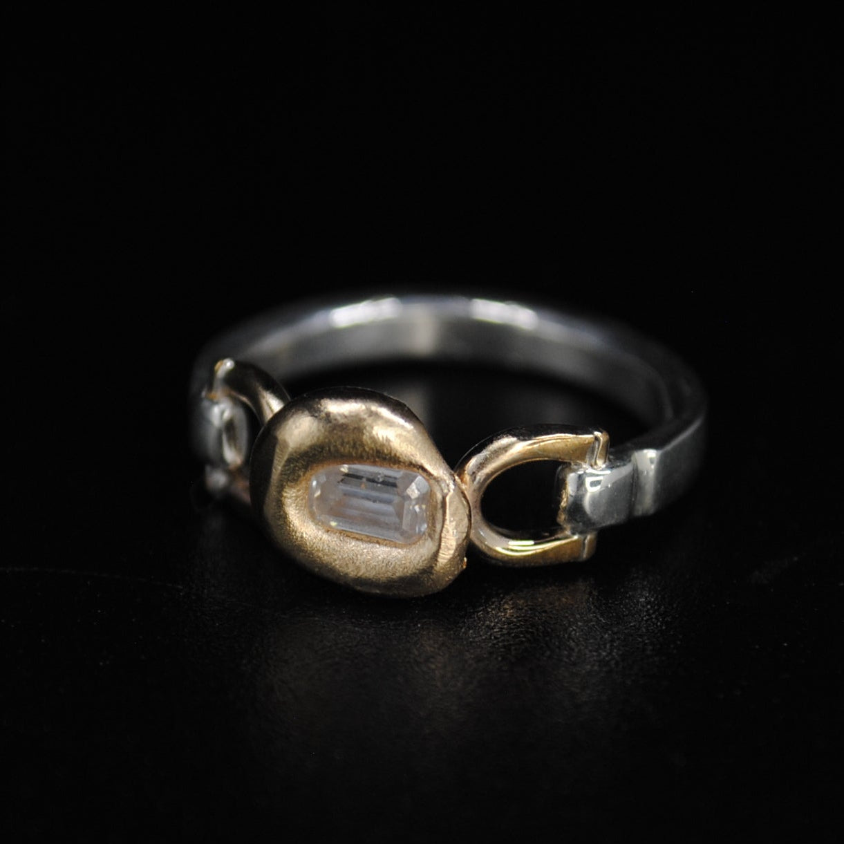A two-tone metal ring with a silver band and a central gold-toned oval setting, photographed on a solid black background.